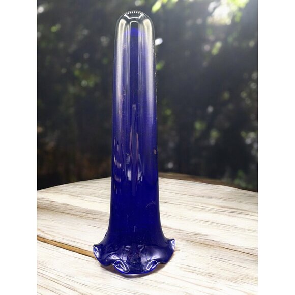 Vintage Cobalt Blue Ruffle Glass Bud Vase in Metal Scroll Stand 9" - Picture 6 of 7